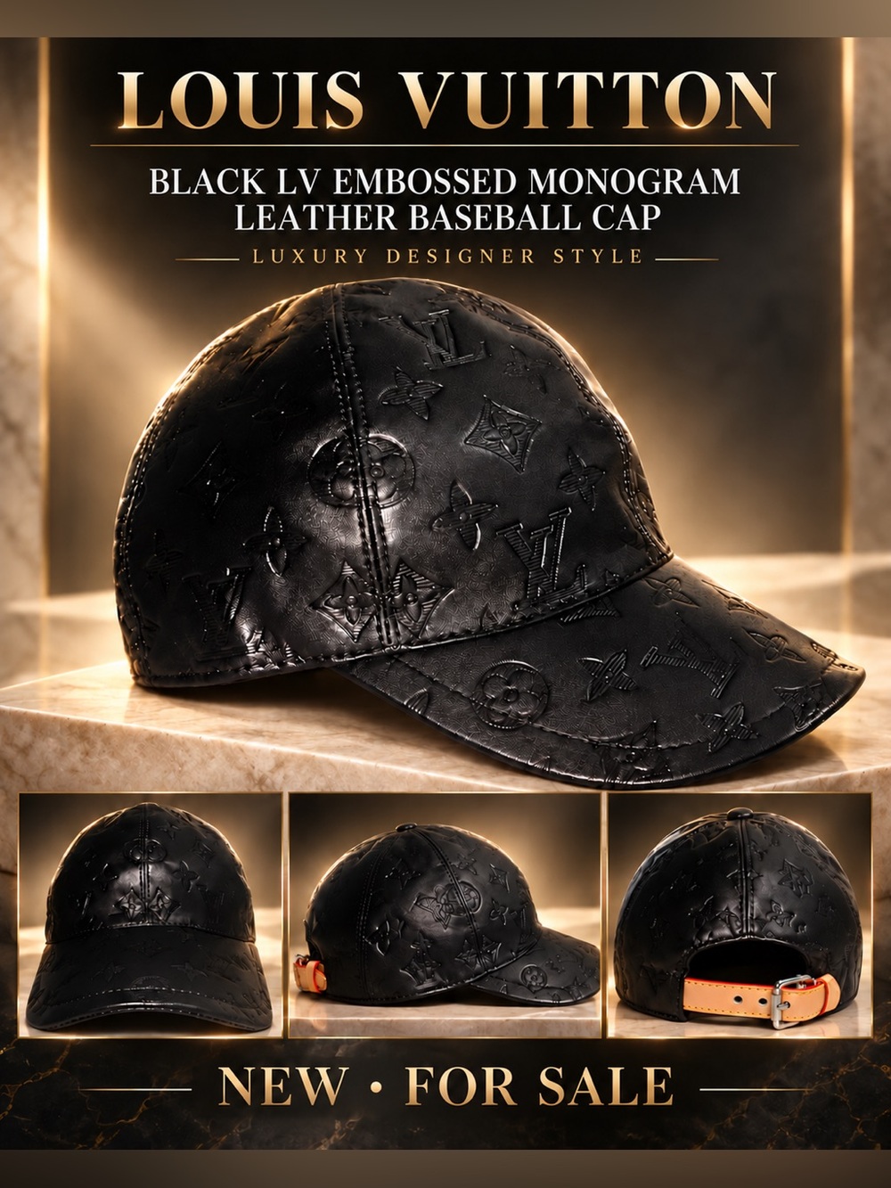 Black LV Embossed Monogram Leather Baseball Cap - Luxury Designer Style🔥New!